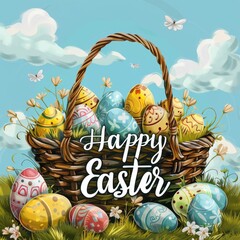 Easter egg Basket with Happy Easter written over it.