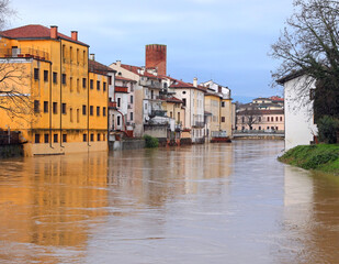 Houses on the banks of the Bacchiglione River at risk of flooding in the city of VICENZA in Italy after torrential rains