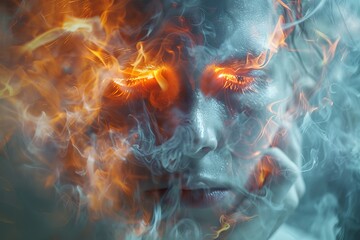 Surreal portrait of a face with intense fiery eyes and smoke surrounding it, evoking transformation