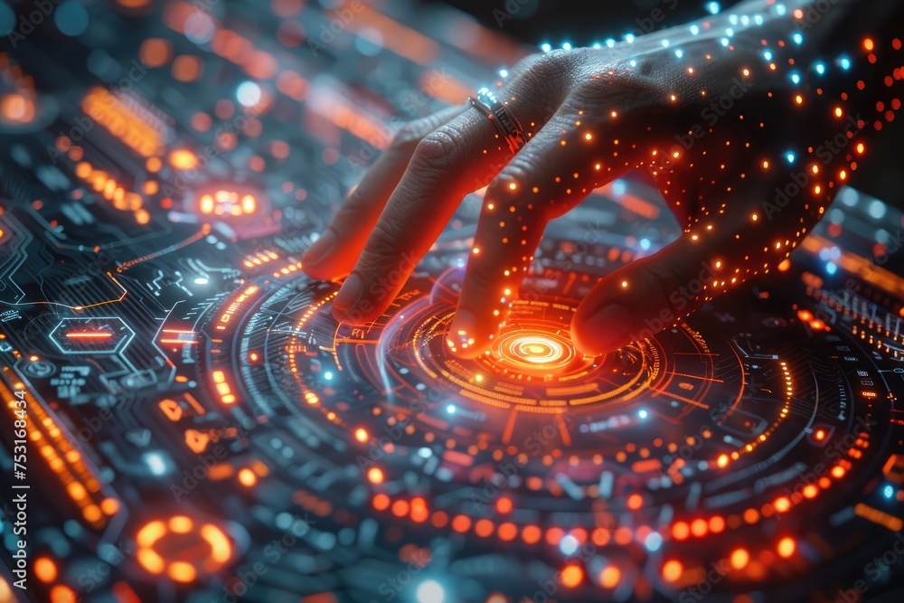 Poster close-up of a hand interacting with a high-tech, glowing interface full of data points and light eff