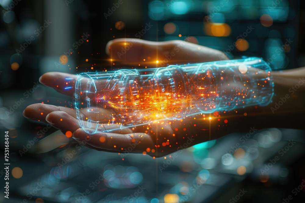 Poster a hand holds a transparent cylinder filled with dynamic, glowing circuit patterns, suggesting advanc