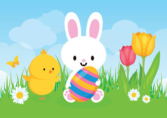 Cute easter baby bunny and little chick on a spring meadow vector illustration. Adorable easter white bunny, yellow chick and colored egg on a fresh spring meadow cartoon