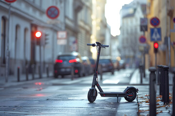 Photo of black electric scooter on the city streets. The concept of convenient and fast personal and electric city transport - obrazy, fototapety, plakaty