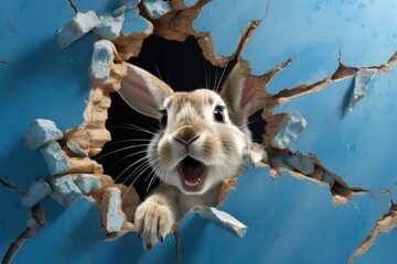 Fototapeta premium Rabbit peeking through a torn blue paper hole.