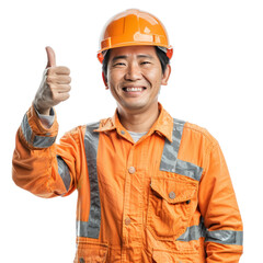 Portrait of asian male construction worker, giving a thumbs up and smiling happily, waist up photo, isolated on white