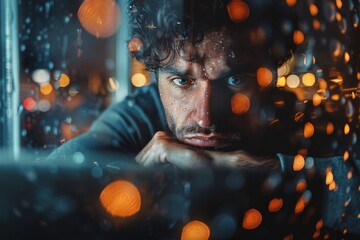 A man gazes outside a window on a rainy night, lights creating bokeh in the background
