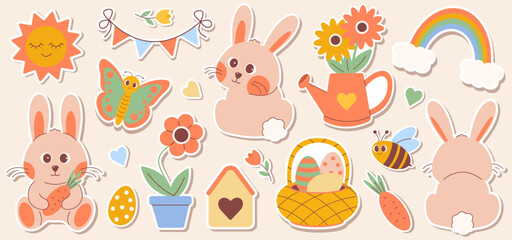 Easter sticker set. Cute easter rabbits with traditional festive decor