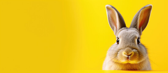 Curious rabbit peeking over the edge with a bright yellow background, showcasing playful and cute features.