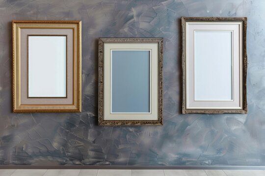 three empty picture frames hanging on grey wall in gallery 