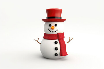 A dapper snowman adorned with a red top hat and scarf, coal buttons, and a carrot nose against a white backdrop.