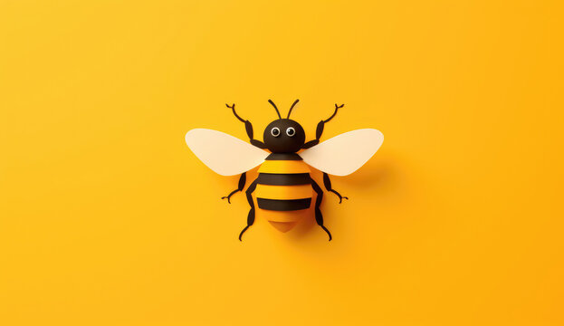 Cute stylized bee illustration with large eyes and translucent wings, centered on a bright yellow background.