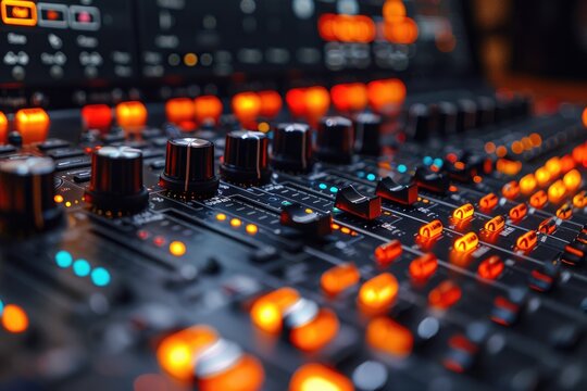 Professional Audio Mixing Console in Studio, a professional audio mixing console with illuminated buttons and sliders in a music production studio environment.