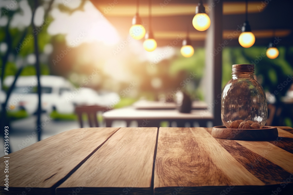 Poster wooden table blurred background of restaurant of cafe with bokeh. flawless generative ai