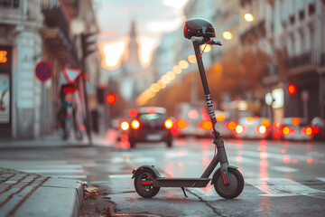 Photo of black electric scooter on the city streets. The concept of convenient and fast personal and electric city transport