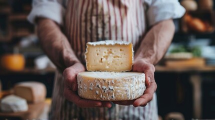 Artisan cheese maker holding matured wheels of cheese.