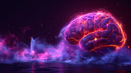 Glowing brain on black background. Neon vapor around. neural system, futuristic technology. 