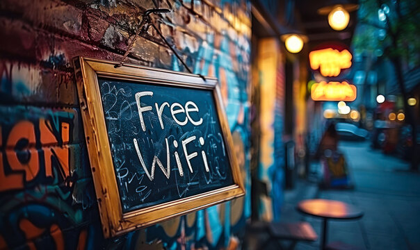Chalkboard sign hanging on a graffiti-covered brick wall in a night setting, announcing Free WiFi available, blending urban culture with connectivity