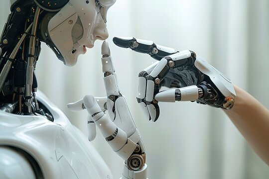Robot hand holding human finger on white background, artificial intelligence concept