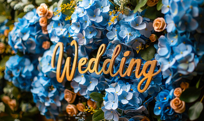 Elegant floral arrangement with the word Wedding in stylish script surrounded by a lush bouquet of blue flowers, symbolizing romance and celebration