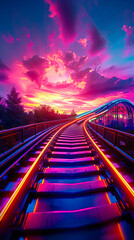 Dynamic roller coaster tracks glowing with neon lights under a vibrant sunset sky, symbolizing excitement, speed, and thrilling amusement park adventures - obrazy, fototapety, plakaty