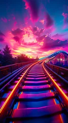 Foto auf Leinwand Dynamic roller coaster tracks glowing with neon lights under a vibrant sunset sky, symbolizing excitement, speed, and thrilling amusement park adventures © Bartek