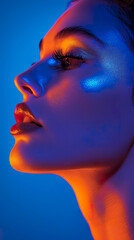 A woman in close-up under neon colors and captivating ultraviolet light in a mesmerizing and futuristic aura. Unique feminine beauty in a pulsating energy of the digital age.