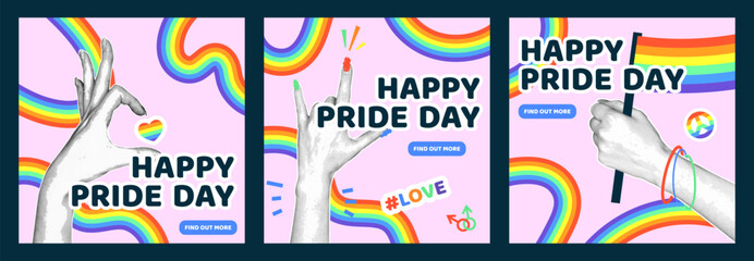 Set of square flyers on the theme of pride month in retro collage style. Vector illustration of female hands with halftone effect, wavy rainbows drawn by hand.