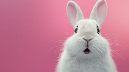 Obraz premium A cute white rabbit with a surprised face and open mouth on a pink background. Easter symbol, space for text