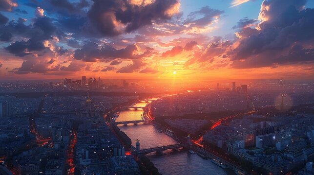 A realistic photo of skyline of Paris France at Sunset