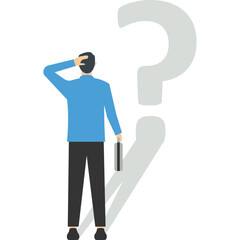 Confusion concept, uncertainty or self doubt, question to answer or find solution to solve problem concept, find meaning in life, curious businessman looking at self reflection as question mark.