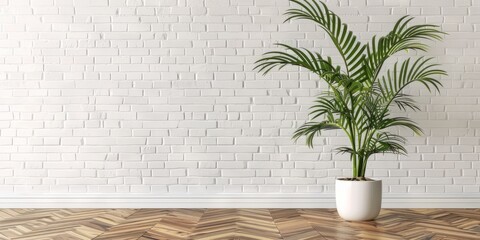 Background with place for text and  a potted houseplant on a parquet floor near the white brick wall. AI generative