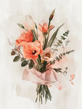 A painting of a vibrant bouquet of various flowers, including roses, daisies, and lilies, beautifully displayed on a plain white background.