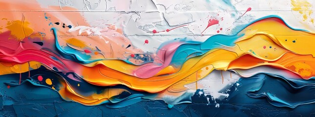 Vibrant abstract mural with dynamic strokes of yellow, blue, and pink on a textured white background, expressing creativity and movement.