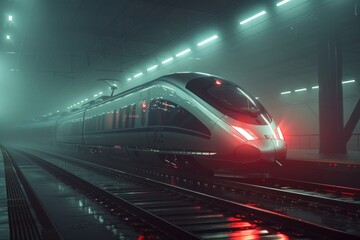 Fototapeta premium rapid train in foggy mist, in the style of realistic still lifes with dramatic lightin