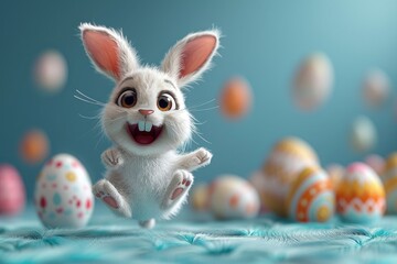 Fototapeta premium Illustrastion of cute Easter bunny with colorful Easter eggs on a monochrome blue background