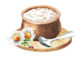 Clabber or White yogurt, Hand  drawn watercolor illustration isolated on white background