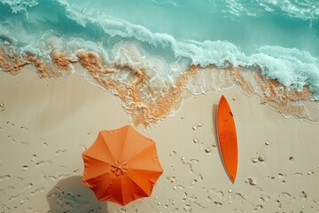Two vibrant orange umbrellas provide shade on a sandy beach next to the ocean. The umbrellas stand out against the blue waters and clear sky, adding a pop of color to the scene