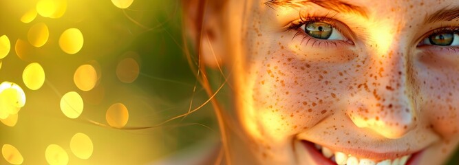 smiling face of beautiful woman, freckles highlighted by the golden hour sun, eyes sparkling with joy