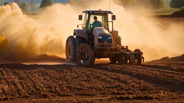 Peanut tractor working on the field in the early morning light. Application of manure on arable farmland, AI Generated