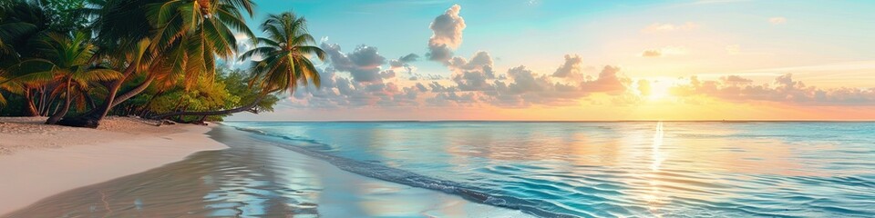 Fototapeta na wymiar Paradise beach with palm trees and calm ocean at sunrise, postcard. advertising banner. generative ai