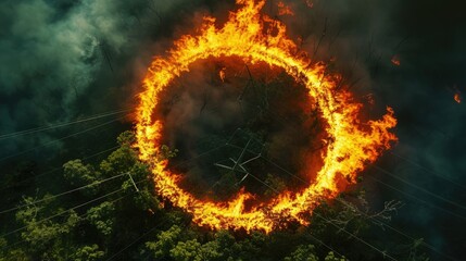 A bird's-eye view of a ring of fire encircling a park glade under power lines, with the center unburned but threatened. - obrazy, fototapety, plakaty