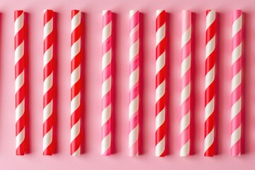 Red and white striped drinking straws on a pink background.