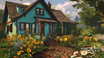 A cozy craftsman style cottage in a light turquoise, accented by a chocolate brown roof and a...