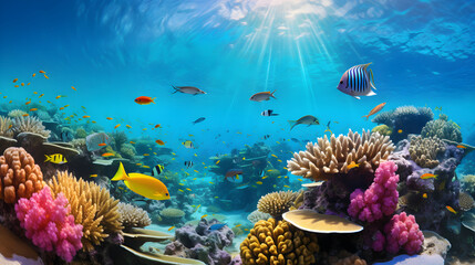 Obraz na płótnie Canvas The Majestic Underwater World: A Vibrant and Abundant Coral Reef Teeming with Sea Life