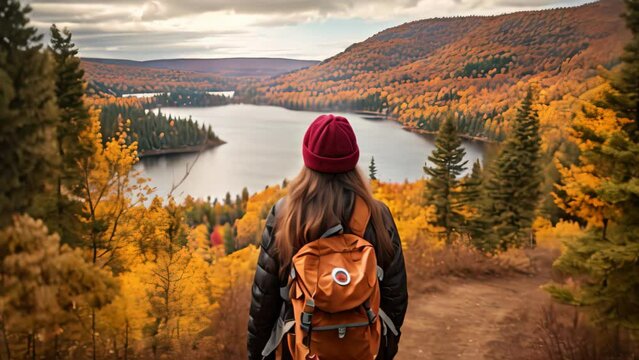 Back view of young woman with backpack hiking in autumn forest with lake in background, Autumn nature hiker girl walking in national park in Quebec with backpack, AI Generated