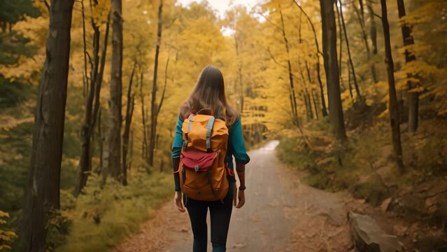 Back view of a young woman with a backpack hiking in the autumn forest, Autumn nature hiker girl walking in national park in Quebec with backpack, AI Generated