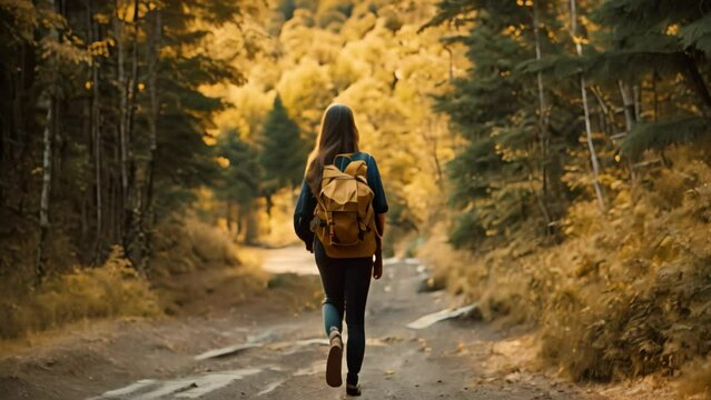 A girl with a backpack on her back walks along the path in the autumn forest. Autumn nature hiker girl walking in national park in Quebec with backpack, AI Generated