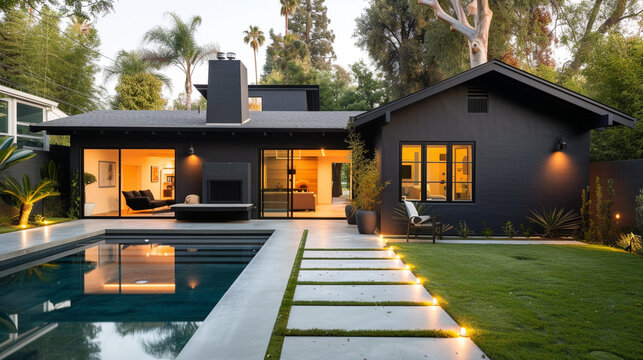 A craftsman style house painted in a sleek charcoal black, with a modern backyard featuring a geometric swimming pool