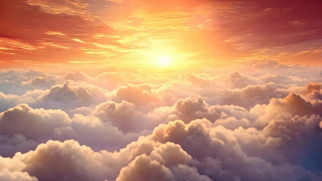 Beautiful aerial view above clouds at sunset. 3d render illustration, beautiful sunset in the sky with clouds and sun, AI Generated