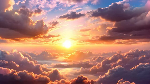 Beautiful sunset above the clouds. 3d rendering, 3d illustration. beautiful sunset in the sky with clouds and sun, AI Generated